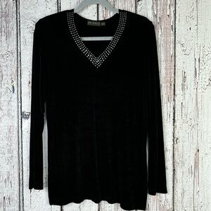 Picadilly Fashions Black Stretchy Blouse Size Small Tunic V-Neck Rhinestones Y2K